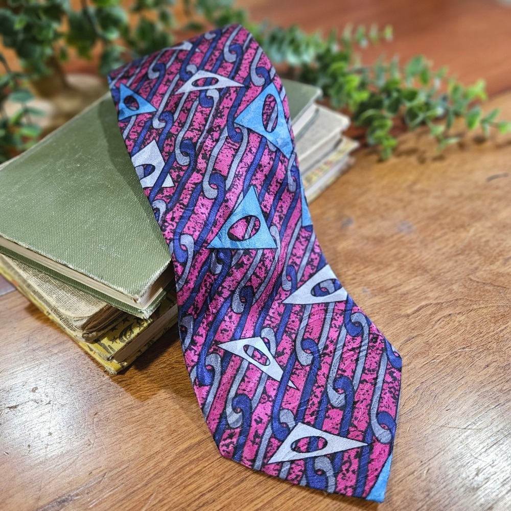 Fondini 100% Silk Tie Vintage 80s 90s Abstract Geometric Power Tie Pink Blue USA